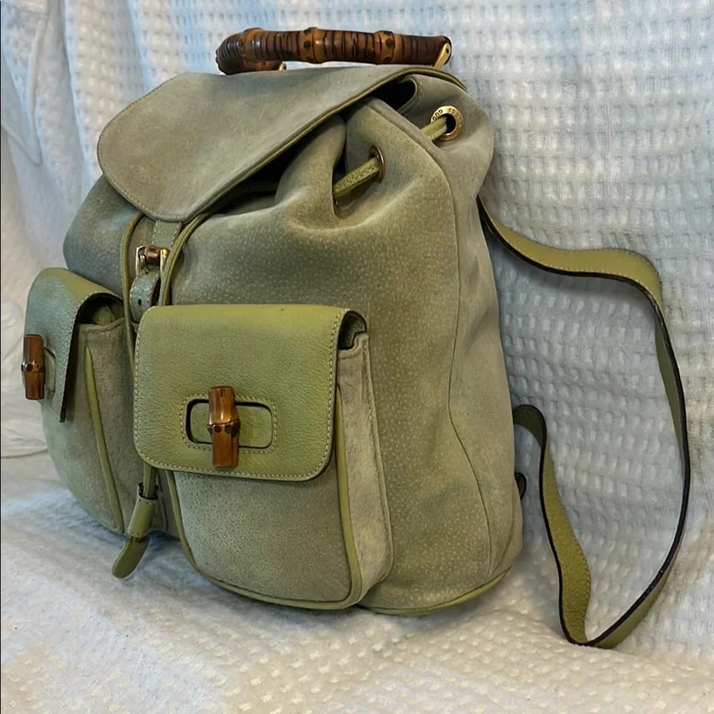 Gucci Bamboo Green Leather/Suede Backpack - Picture 15 of 16